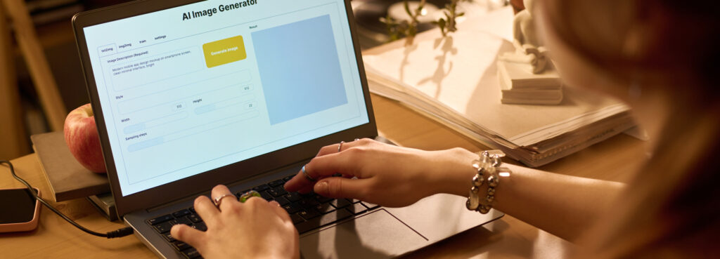 Person typing on a laptop showing an AI image generator interface labeled 'AI Image Generator' on screen.