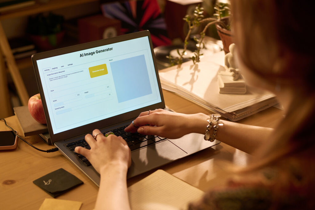 Person typing on a laptop that shows an AI Image Generator interface with a yellow Generate image button on screen.