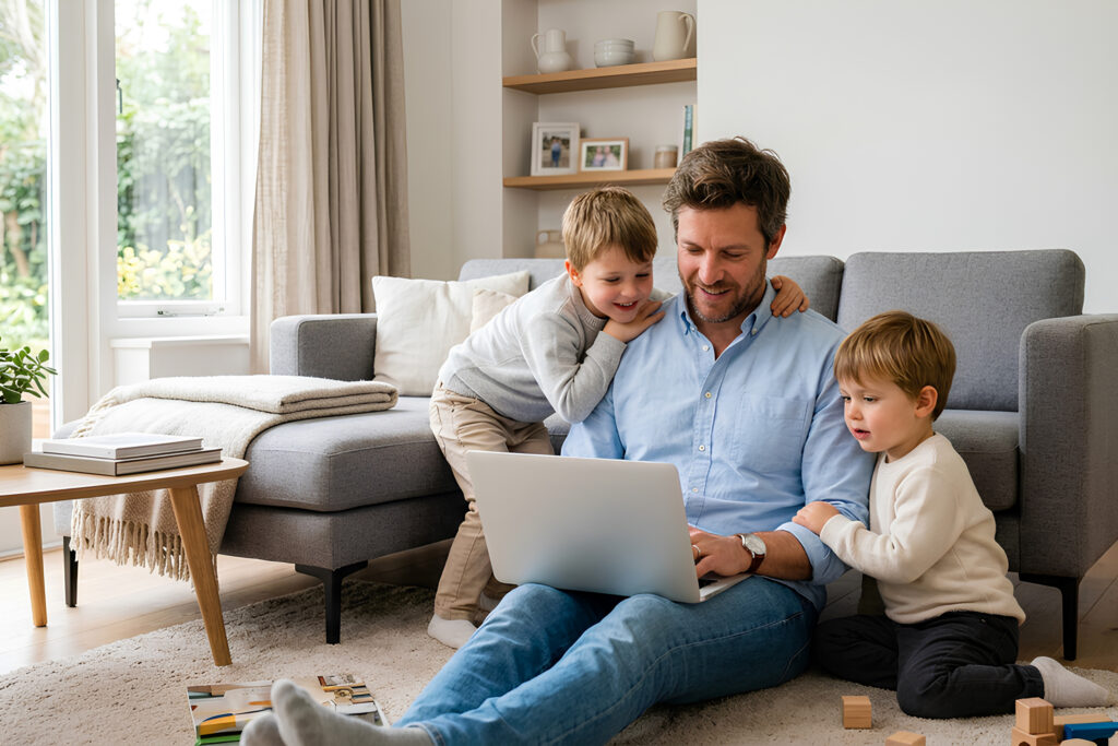 Smiling Parents with Son and Daughter Enjoying Quality Time Together Using Laptop on Comfortable Sofa in Modern Living Room at Home