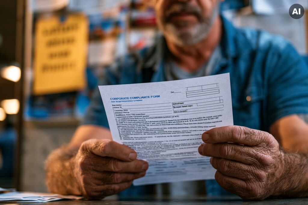 Weathered hands of a middle-aged factory foreman gripping a corporate compliance form inside a fluorescent-lit breakroom while a layoff notice is pinned to the bulletin board behind him reflecting q