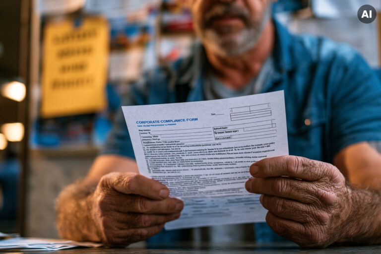 Weathered hands of a middle-aged factory foreman gripping a corporate compliance form inside a fluorescent-lit breakroom while a layoff notice is pinned to the bulletin board behind him reflecting q